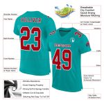 Personalized Aqua Red and White Football Jersey Mesh for Men, Women, Kids Personalized Aqua Red-White Mesh Football Jersey
