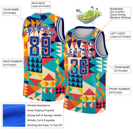 Personalized Aqua 3D Geometric Shapes Basketball Jersey in Royal White Personalized Aqua Royal-White 3D Geometric Shapes