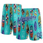 Personalized Aqua Royal-White 3D Tropical Palm Leaves Beach Shorts for Men, Surfing and Basketball Personalized Aqua Royal-White