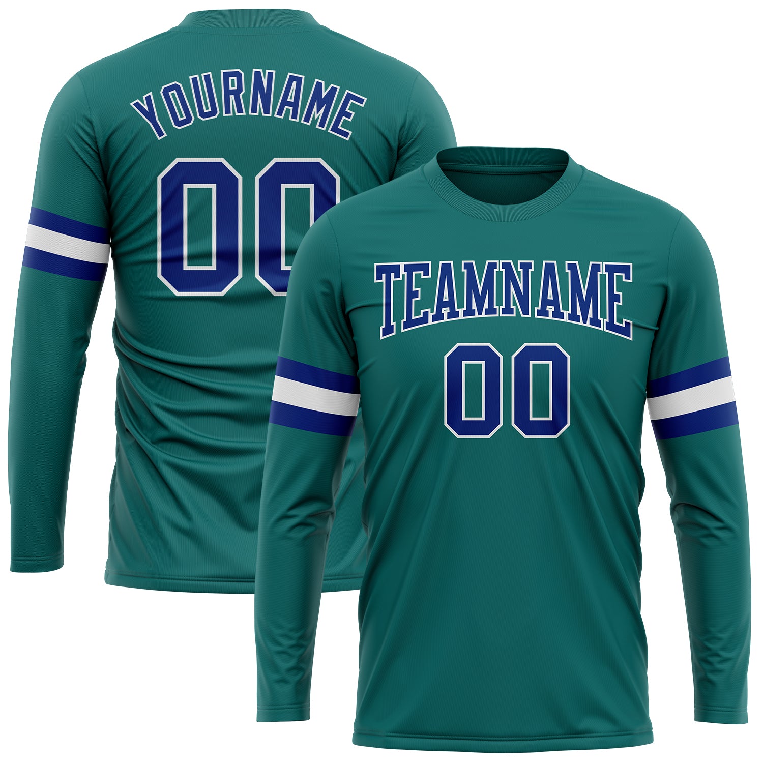 Custom Team Name and Number Aqua Royal-White Long Sleeve Performance T-Shirt Personalized Aqua Royal-White Long Sleeve Performance