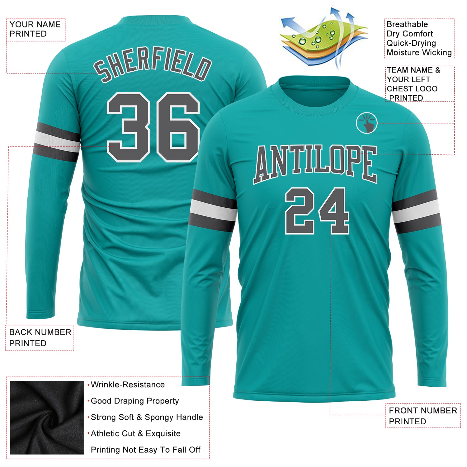Personalized Long Sleeve Performance T-Shirt in Aqua Steel Gray-White Personalized Aqua Steel Gray-White Long Sleeve Performance - Image 3