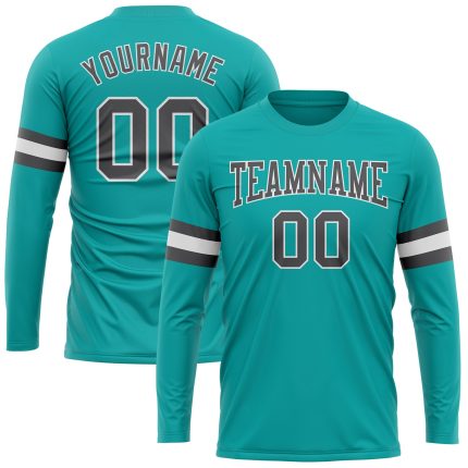 Personalized Aqua Steel Gray White Long Sleeve T-Shirt for Performance and Comfort Personalized Aqua Steel Gray-White Long