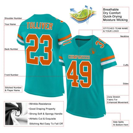 Custom Name and Number Personalized Aqua Texas Orange-White Authentic Football Jersey Mesh Personalized Aqua Texas Orange-White
