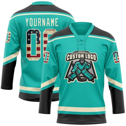 Personalized Aqua Vintage USA Flag Hockey Lace Neck Jersey - Black and Cream Personalized Aqua Vintage USA Flag Black-Cream