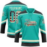 Custom Name and Number Vintage USA Flag Hockey Jersey Black-Cream Aqua Lace Style Personalized Aqua Vintage USA Flag Black-Cream