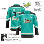 Custom Name and Number Vintage USA Flag Hockey Jersey Black-Cream Aqua Lace Style Personalized Aqua Vintage USA Flag Black-Cream