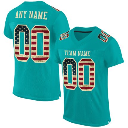 Personalized Vintage USA Flag Football Jersey - Custom Team Name & Number, Aqua Cream Mesh Authentic Design Personalized