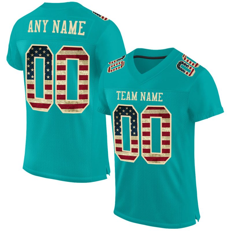Personalized Vintage USA Flag Football Jersey - Custom Team Name & Number, Aqua Cream Mesh Authentic Design Personalized