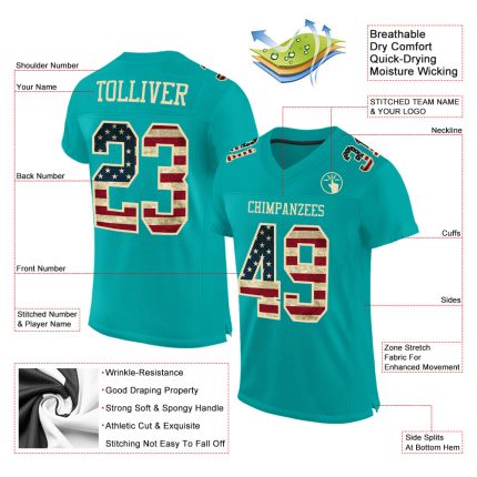 Personalized Vintage USA Flag Aqua Football Jersey - City Cream Mesh Personalized Aqua Vintage USA Flag-City Cream Mesh Football