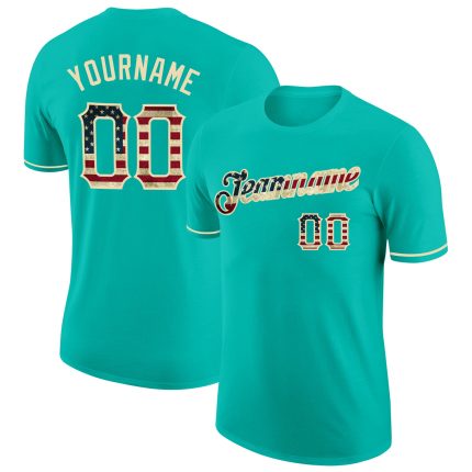 Personalized Vintage USA Flag T-Shirt - Aqua Cream Performance Style Personalized Aqua Vintage USA Flag-City Cream Performance