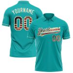 Custom Name and Number Aqua Vintage USA Flag Golf Polo Shirt Cream Performance Vapor Personalized Aqua Vintage USA Flag-Cream