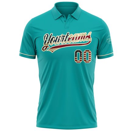 Custom Name and Number Aqua Vintage USA Flag Golf Polo Shirt Cream Performance Vapor Personalized Aqua Vintage USA Flag-Cream
