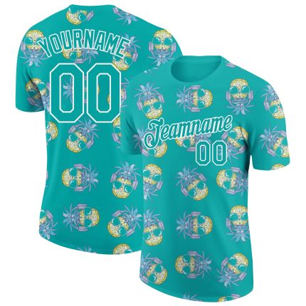 Personalized Aqua 3D Pineapple Performance T-Shirt - Hawaii Style Tee Personalized Aqua White 3D Hawaii Style Pineapple Performance