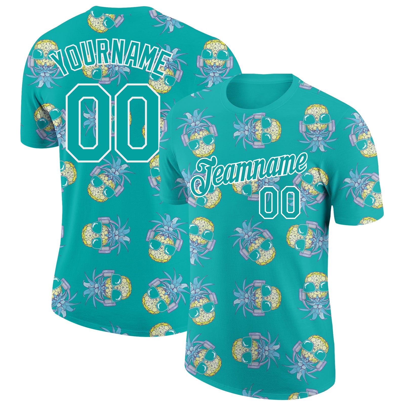 Custom Name Number Hawaii Style Pineapple Performance T-Shirt 3D Aqua White Design Personalized Aqua White 3D Pattern Design