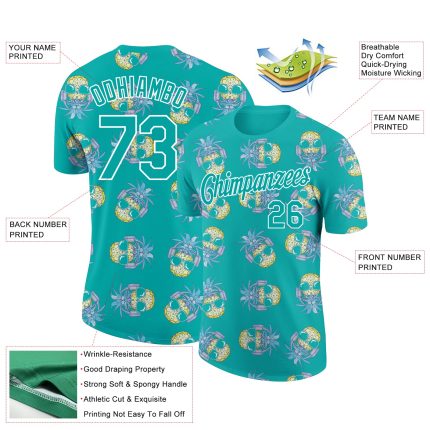 Custom Name Number Hawaii Style Pineapple Performance T-Shirt 3D Aqua White Design Personalized Aqua White 3D Pattern Design