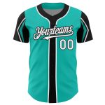 Custom Personalized Baseball Jersey in Aqua White-Black - 3 Color Arm Shapes with Name and Number Personalized Aqua White-Black