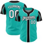 Custom Personalized Baseball Jersey in Aqua White-Black - 3 Color Arm Shapes with Name and Number Personalized Aqua White-Black