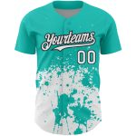 Customizable Abstract Splash Grunge Art Baseball Jersey with Personalized Name and Number in Aqua Black 3D Pattern Design
