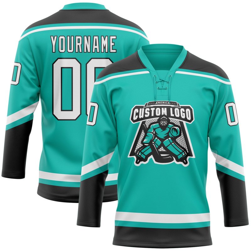Custom Name and Number Personalized Hockey Jersey - Aqua White and Black Lace Neck Design Personalized Aqua White-Black Hockey