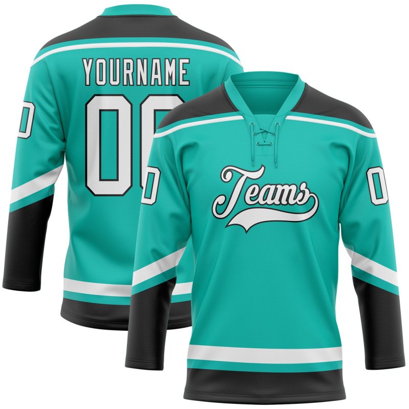 Custom Name and Number Personalized Hockey Jersey - Aqua White and Black Lace Neck Design Personalized Aqua White-Black Hockey