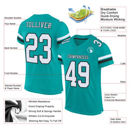 Personalized Authentic Football Jersey in Aqua White-Black Mesh for Ultimate Fan Gear Personalized Aqua White-Black Mesh