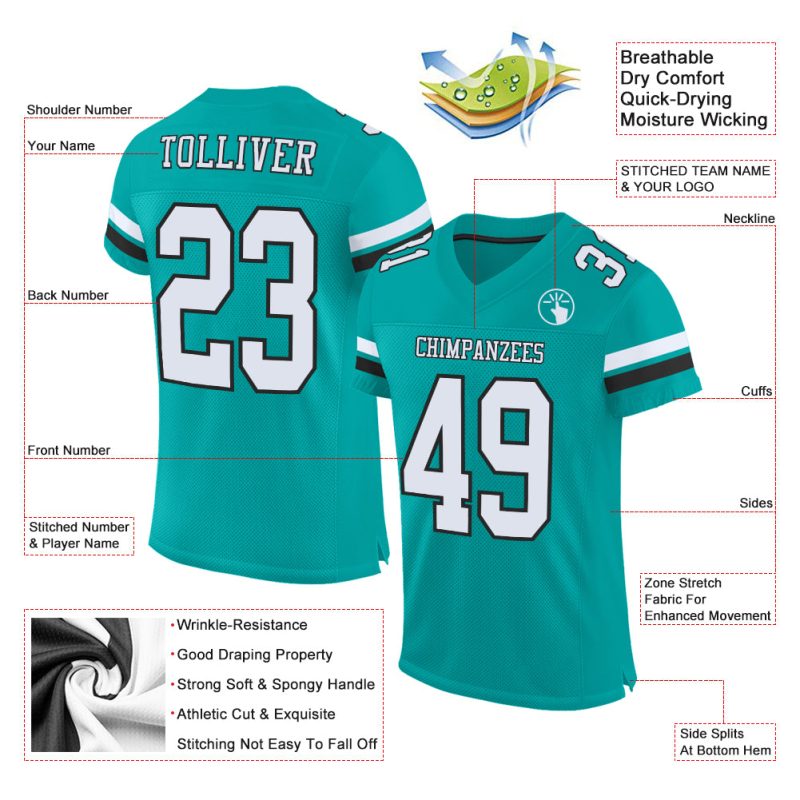 Personalized Aqua Football Jersey for Men & Women - White-Black Mesh 2 Personalized Aqua White-Black Mesh Football Jersey