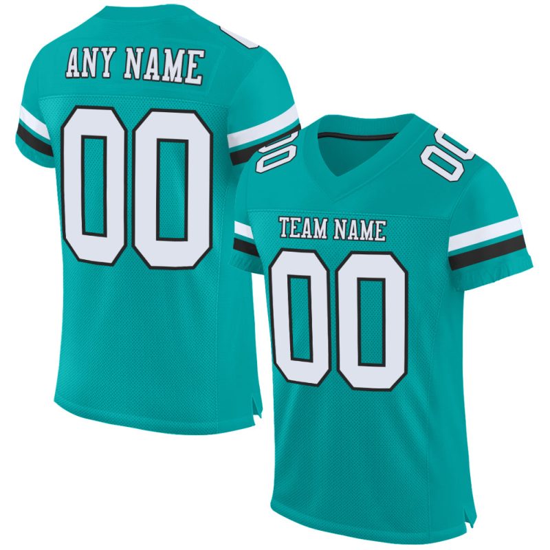 Personalized Aqua Football Jersey for Men & Women - White-Black Mesh 2 Personalized Aqua White-Black Mesh Football Jersey