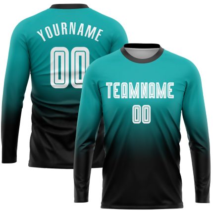 Custom Aqua White-Black Soccer Jersey - Long Sleeve Fade Fashion Sublimation Uniform Personalized Aqua White-Black Sublimation