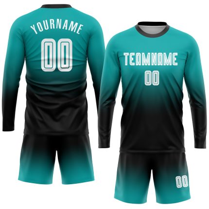 Custom Name and Number Fade Fashion Soccer Jersey - Personalized Aqua White-Black Sublimation Long Sleeve Uniform Personalized