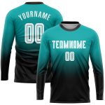 Custom Name and Number Fade Fashion Soccer Jersey - Personalized Aqua White-Black Sublimation Long Sleeve Uniform Personalized