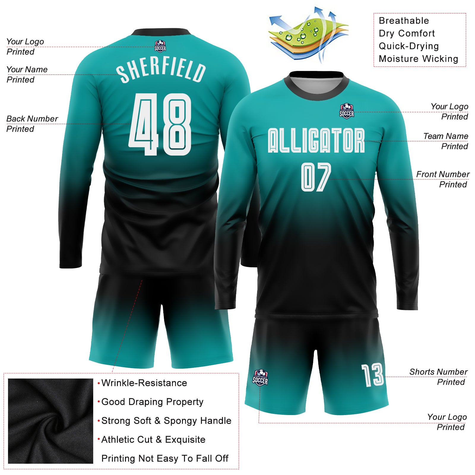Personalized Aqua White-Black Sublimation Long Sleeve Fade Fashion Soccer Uniform Jersey Team Custom Name and Number Custom Name and Number Fade Fashion Soccer Jersey - Personalized Aqua White-Black Sublimation Long Sleeve Uniform Personalized - Image 3