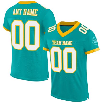 Personalized Aqua White Gold Mesh Football Jersey - Authentic Custom Sports Apparel Personalized Aqua White-Gold Mesh Authentic