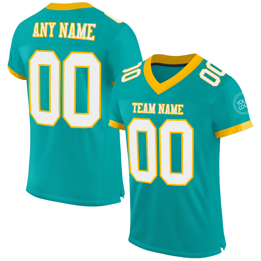 Personalized Aqua White Gold Mesh Football Jersey - Authentic Custom Sports Apparel Personalized Aqua White-Gold Mesh Authentic