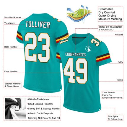 Custom Name and Number Aqua White-Gold Mesh Football Jersey - Personalized Authentic Team Jersey Personalized Aqua White-Gold