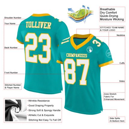 Custom Aqua White Gold Mesh Football Jersey for Men and Women Personalized Aqua White-Gold Mesh Football Jersey 2
