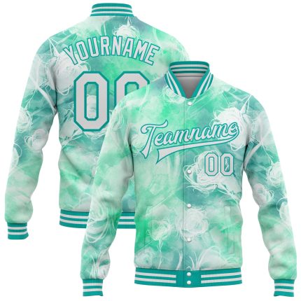 Personalized Aqua White 3D Bomber Varsity Letterman Jacket with Halo Dying Rose Design Personalized Aqua White Halo Dying
