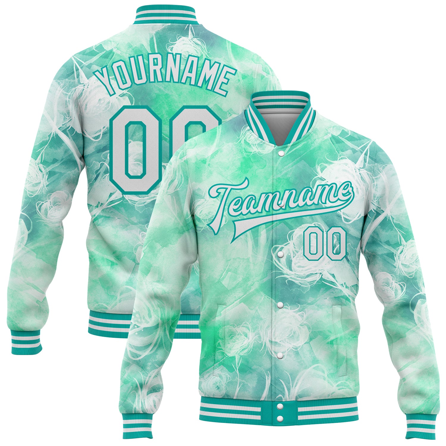 Personalized Aqua White 3D Bomber Varsity Letterman Jacket with Halo Dying Rose Design Personalized Aqua White Halo Dying