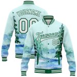 Personalized Watercolor Winter Landscape Jacket - Aqua White Kelly Green 3D Snowy Trees Full-Snap Varsity Bomber Personalized