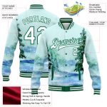 Custom Name & Number Watercolor Winter Landscape Bomber Jacket with Snowy Trees 3D Pattern in Aqua White & Kelly Green Personalized