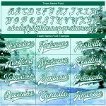 Custom Name & Number Watercolor Winter Landscape Bomber Jacket with Snowy Trees 3D Pattern in Aqua White & Kelly Green Personalized