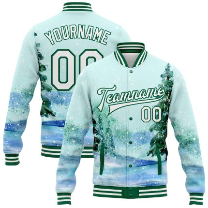 Custom Name & Number Watercolor Winter Landscape Bomber Jacket with Snowy Trees 3D Pattern in Aqua White & Kelly Green Personalized