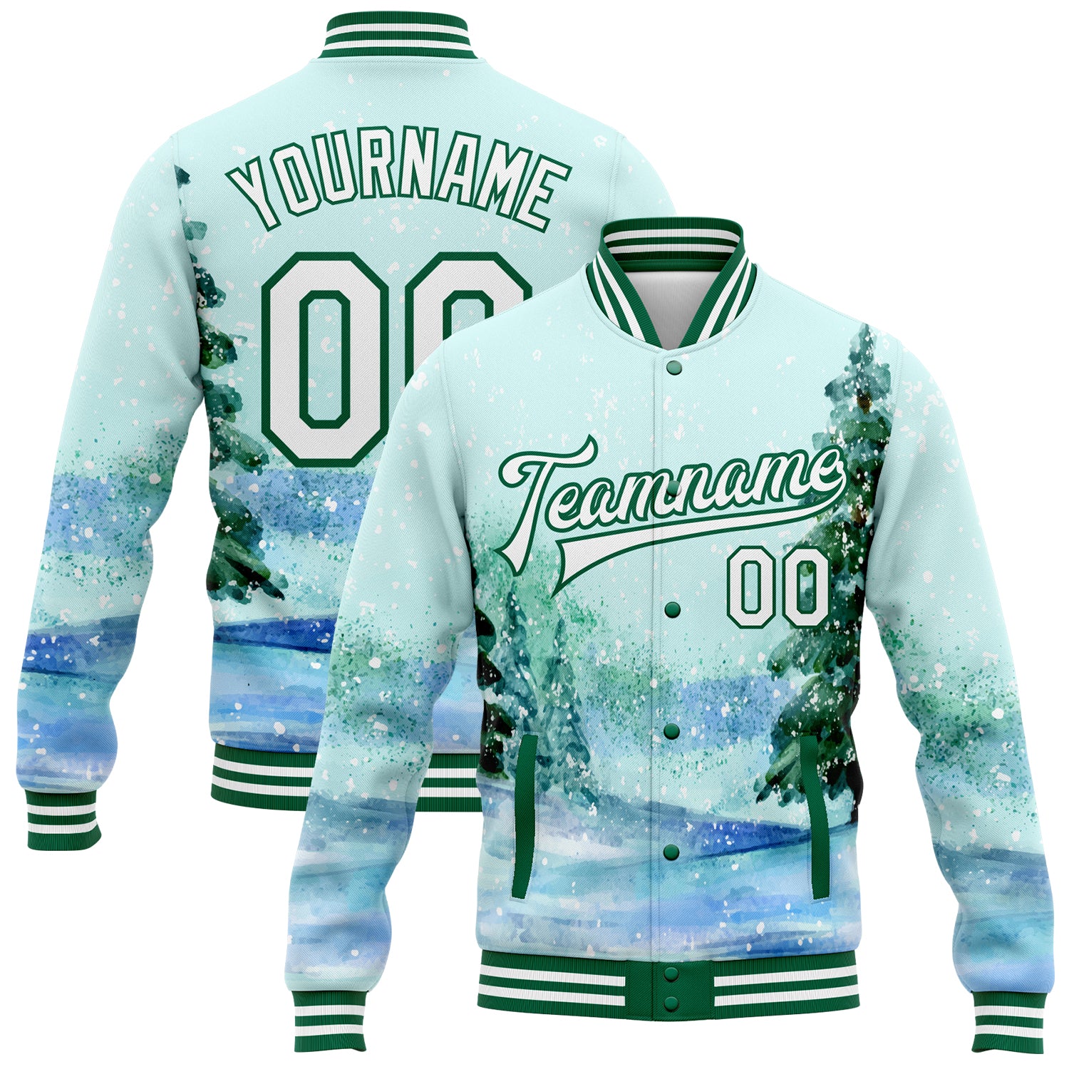 Custom Name & Number Watercolor Winter Landscape Bomber Jacket with Snowy Trees 3D Pattern in Aqua White & Kelly Green Personalized