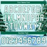 Custom Name & Number Watercolor Winter Landscape Bomber Jacket with Snowy Trees 3D Pattern in Aqua White & Kelly Green Personalized