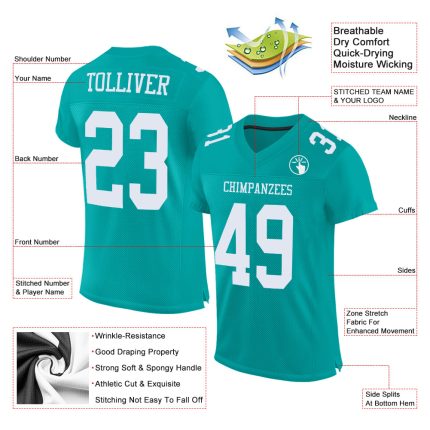 Custom Aqua White Football Jersey - Personalized Mesh Style for Team Spirit Personalized Aqua White Mesh Football Jersey