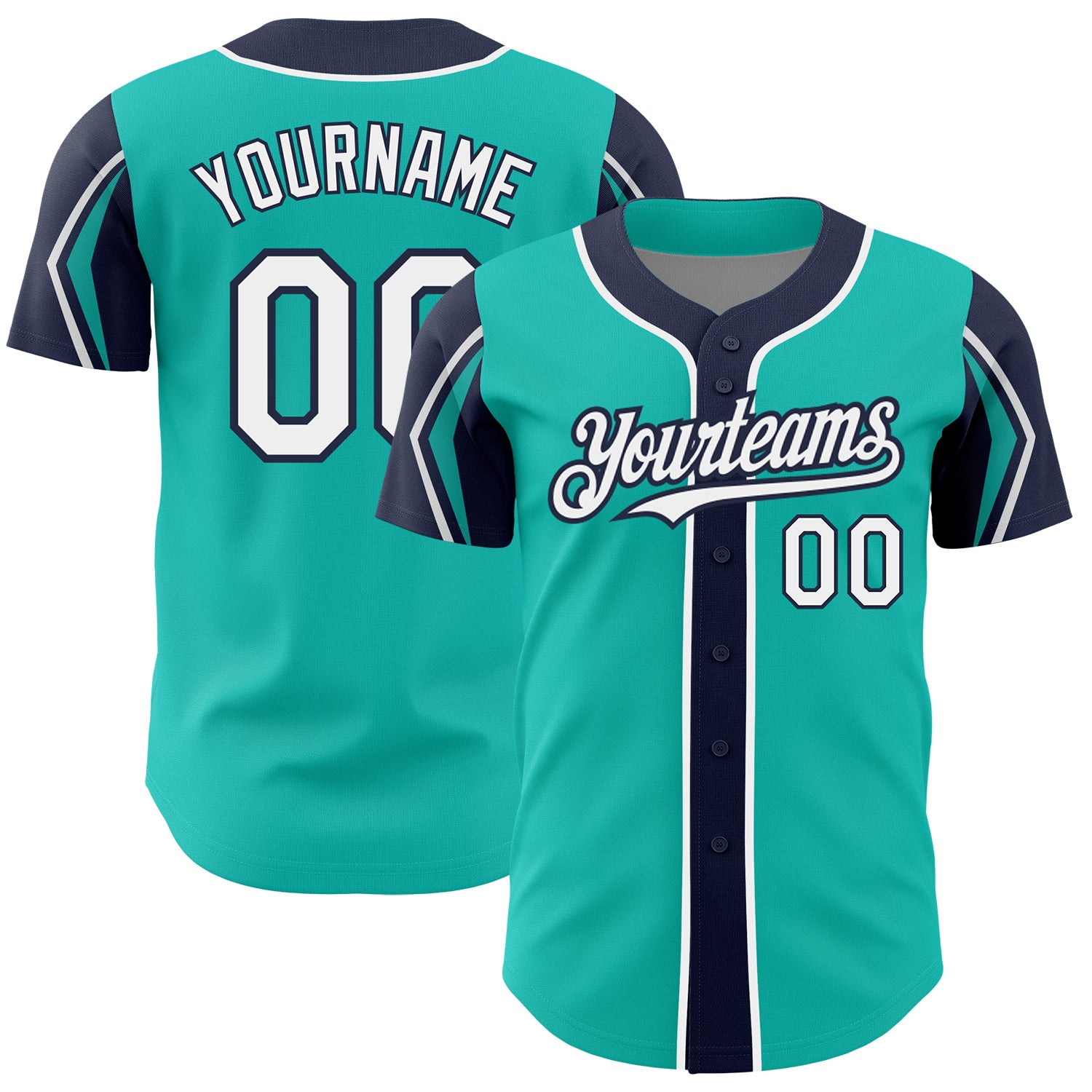 Custom Name & Number Baseball Jersey - Personalized Aqua White-Navy Arm Shapes - Authentic Team Design Personalized Aqua