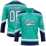 Personalized Aqua White Navy Hockey Jersey with Lace Neck Design Personalized Aqua White-Navy Hockey Lace Neck Jersey
