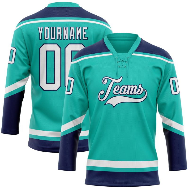 Personalized Aqua White Navy Hockey Jersey with Lace Neck Design Personalized Aqua White-Navy Hockey Lace Neck Jersey