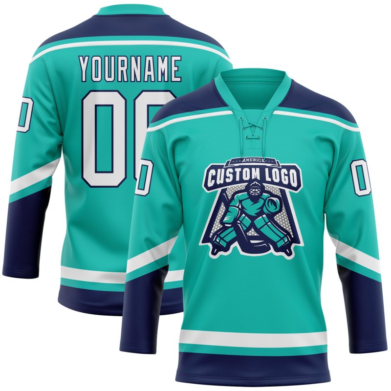 Custom Name and Number Aqua White-Navy Hockey Jersey with Lace Neck - Personalized Team Gear Personalized Aqua White-Navy