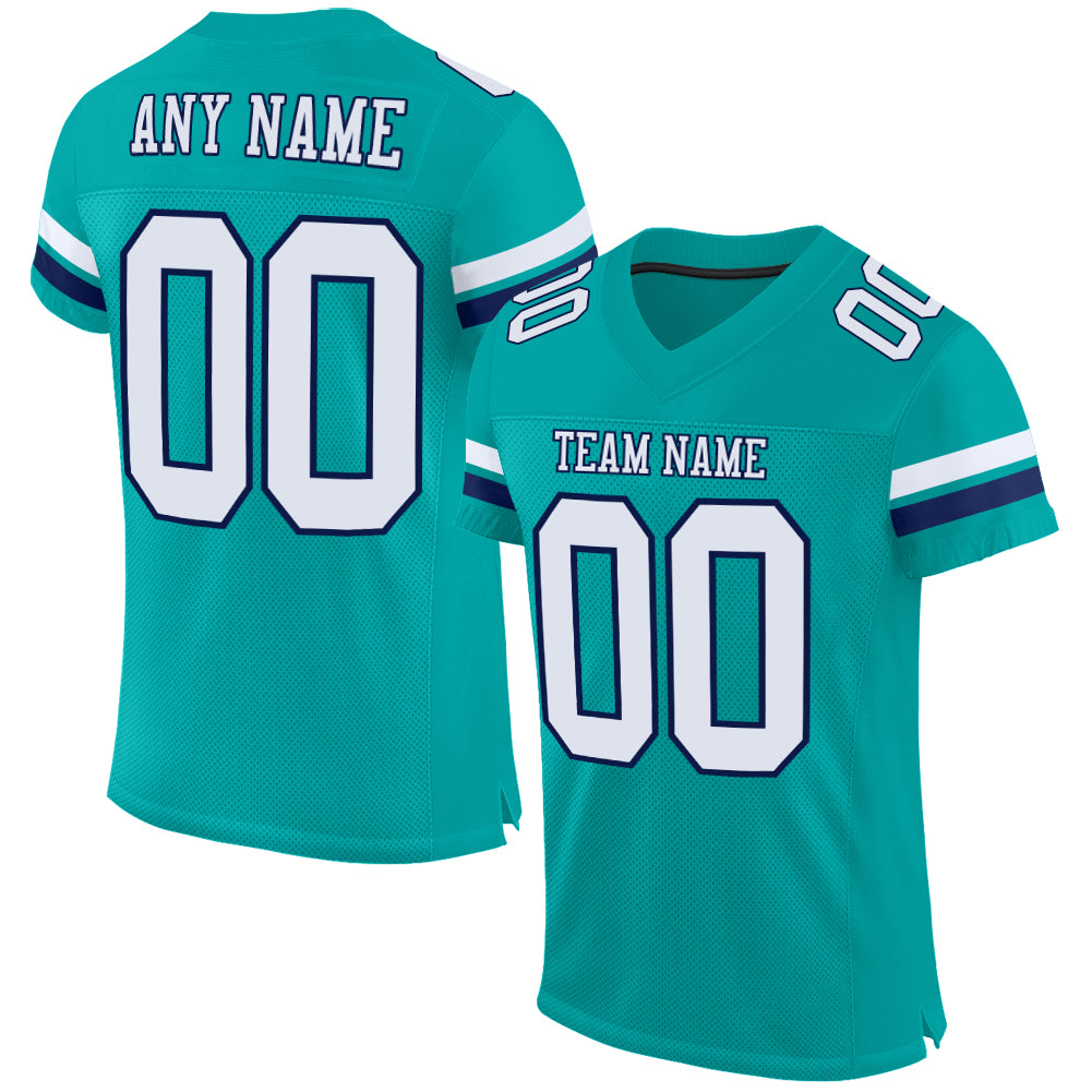 Personalized Aqua White Navy Authentic Football Jersey - Mesh Design Personalized Aqua White-Navy Mesh Authentic Football
