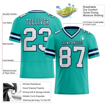 Personalized Aqua White-Navy Football Jersey for Men, Women, Kids - Mesh Design, Customizable 3 Personalized Aqua White-Navy
